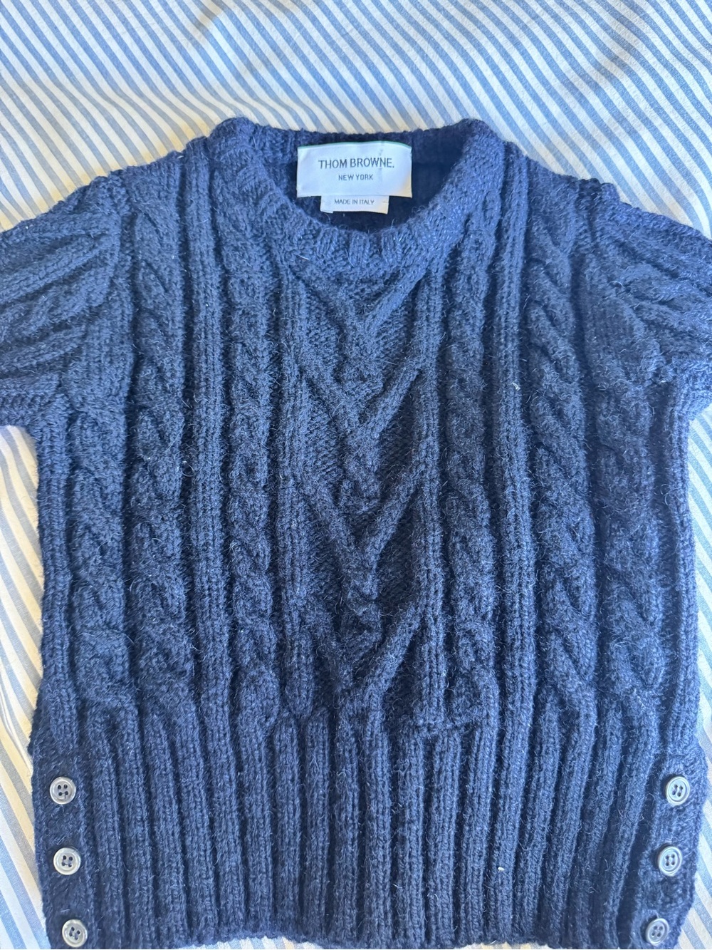 Thom Browne Navy Cable Knit Crewneck Sweater with Cream & Black Sleeve Detail - Picture 7 of 9